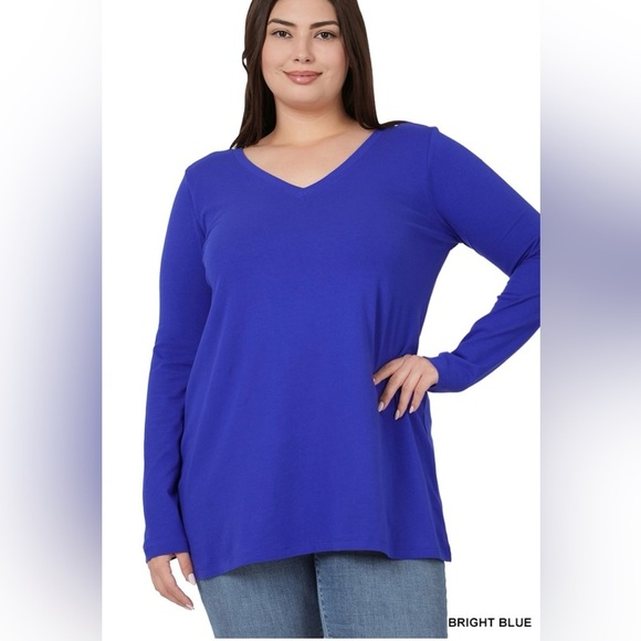 New!Plus Size Women's V-Neck Long Sleeve Top - Bright Blue Sizes 1X 2X 3X - Picture 1 of 4